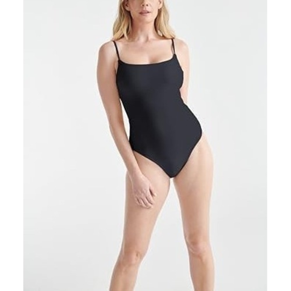 Black One Piece Swimsuit Scoop Neck Adjustable Straps High Cut Size L